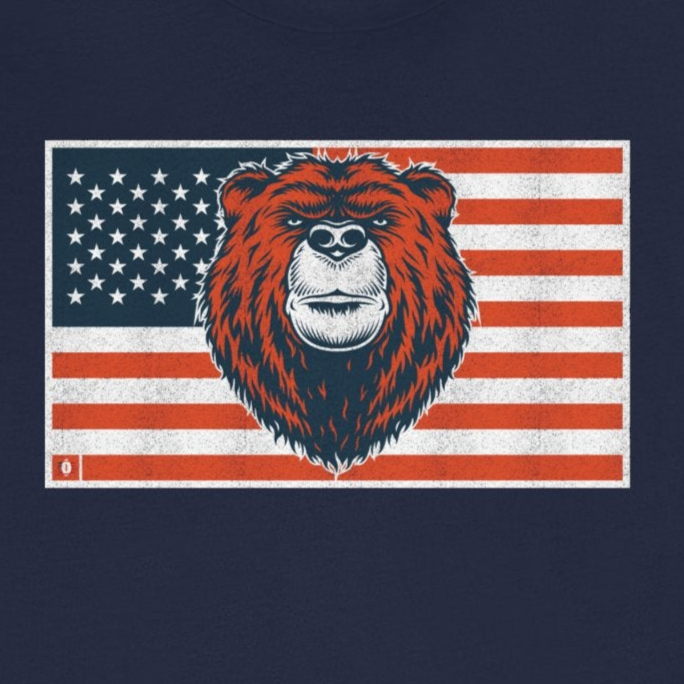 Navy blue t-shirt with a bear head design on an American flag, on a white background